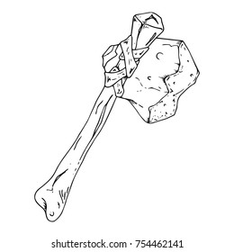 Stone ax icon. Vector illustration stone tied to the bone with ribbons. Hand drawn stone ax.