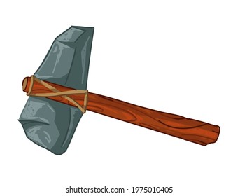 Taxo de piedra, instrumento prehistórico para el trabajo, ícono aislado de herramienta de palo de madera, roca y hilo. Arma usada en peleas, hacha histórica primitiva, exponente del museo. Vector de estilo plano