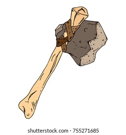 A stone ax. Stone tied to the bone with ribbons. Vector illustration.