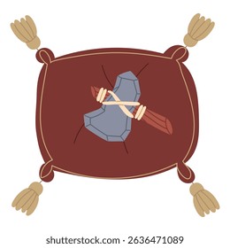 Die Steinaxt eines alten Mannes liegt auf einer kissenartigen Museumsausstellung. Militärwaffen. Thema der Geschichte. Flache Farbgrafik. Für wissenschaftliche Projekte, Lexika, Museumsausstellungen, Geschichte