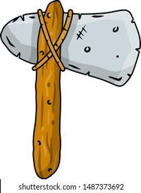  Stone axes. Hammer of the ancient cave man on the stick. Primitive Weapon for hunting. Cartoon illustration. History of mankind