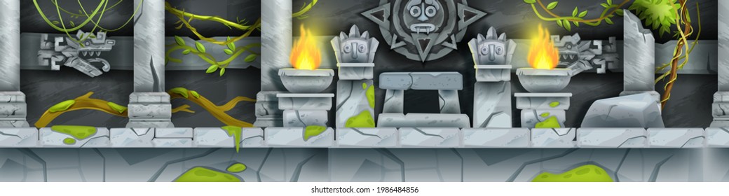 Templo azteca de piedra, caricatura vectorial sin fisuras, paisaje de juego maya, interior de antiguas tumbas, pilares. Ilustración de la ruina arqueológica, altar de piedra, sol, liana, vid, tótem facial ídolos. Fondo del templo de piedra