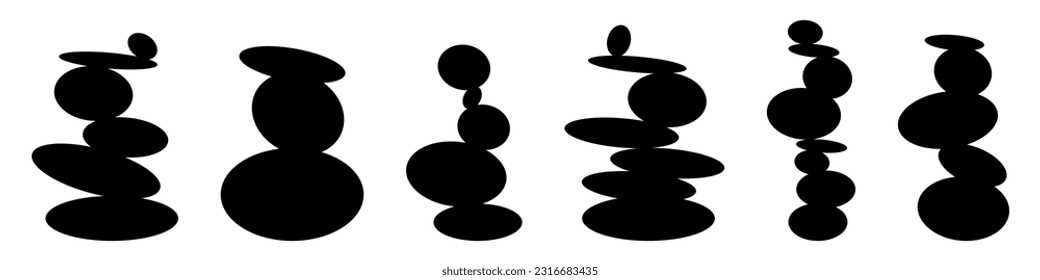 Stone balance. Meditation concept. Rock balance stone illustration for spa and yoga. Stones stacked vertically black silhouette. Vector isolated on white background.