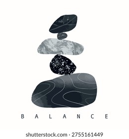 Stone Balance. Pyramid of pebbles. Various shapes, textures. Wellness, meditation, calm, balance, yoga, zen, harmony concept. Hand drawn Vector illustration. Poster, print, logo, design template