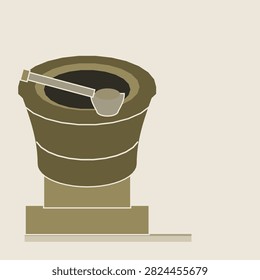 Stone basin and cup for ritual washing, with a long handled cup resting across the rim and its handle running out to one side, in sand olive colours; a flat geometric vector of one stone object with no figures.