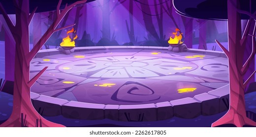 Stone battle arena with runes at night in magic dark forest cartoon background. Vector illustration with fantasy aztec universe with druid temple. Maya altar podium portal for arcade game.