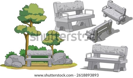 A stone bench with backrest and armrests in a serene park setting, illustrated from various angles for a detailed design overview.
