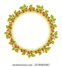 Stone berry round frame isolated on a white background. Red berries and green leaves. Flat style. The center of the image is free for your inscription. Template for decor, design element.