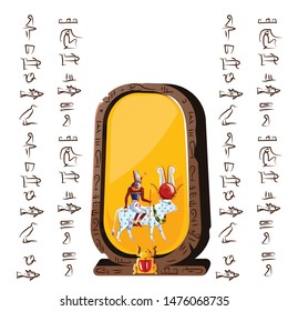 Stone board or clay plate with god Ra on star-covered cow back, goddess Nut and Egyptian hieroglyphs cartoon vector illustration. Ancient paper, graphical user interface for game design on white