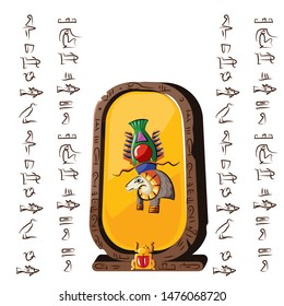 Stone board or clay plate with ram headed god and Egyptian hieroglyphs cartoon vector illustration. Ancient object for recording storing information, graphical user interface for game design on white