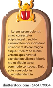 Stone board or clay tablet with Egyptian scarab beetle cartoon vector illustration Ancient object for recording storing information, graphical user interface for game design on white