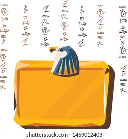 Stone board or clay tablet with falcon head and Egyptian hieroglyphs cartoon vector illustration Ancient object for recording storing information, graphical user interface for game design on white