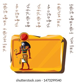 Stone board or clay tablet with falcon headed god and Egyptian hieroglyphs cartoon vector illustration. Ancient object for recording storing information, graphical user interface for game design