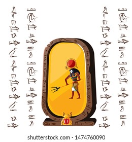 Stone board or clay tablet with falcon headed god and Egyptian hieroglyphs cartoon vector illustration. Ancient object for recording storing information, graphical user interface for game design