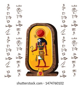 Stone board or clay tablet with falcon headed god and Egyptian hieroglyphs cartoon vector illustration. Ancient object for recording storing information, graphical user interface for game design