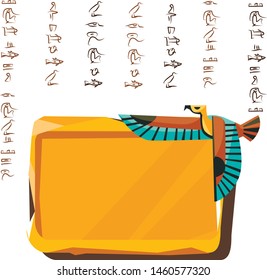 Stone board or clay tablet with flying bird and Egyptian hieroglyphs cartoon vector illustration Ancient object for recording storing information, graphical user interface for game design on white