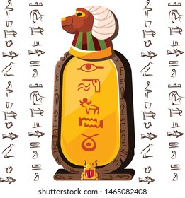 Stone board or clay tablet with ram head and Egyptian hieroglyphs cartoon vector illustration Ancient object for recording storing information, graphical user interface for game design on white