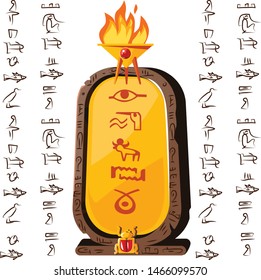 Stone board or clay tablet with sacrificial fire icon and Egyptian hieroglyphs cartoon vector illustration. Ancient object for recording storing information, graphical user interface for game design