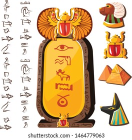 Stone board or clay tablet with scarab beetle and Egyptian hieroglyphs cartoon vector illustration Ancient object for recording storing information, graphical user interface for game design on white