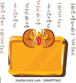 Stone board or clay tablet with scarab beetle and Egyptian hieroglyphs cartoon vector illustration Ancient object for recording storing information, graphical user interface for game design on white
