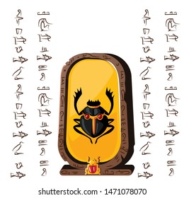Stone board or clay tablet with scarab beetle and Egyptian hieroglyphs cartoon vector illustration Ancient object for recording storing information, graphical user interface for game design on white