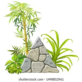Stone board decoration bamboo branches and tropical leaves. Isolated vector cartoon triangle frame with space for text on white background.
