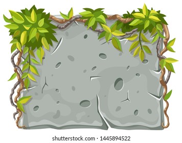 Stone board decoration liana branches and tropical leaves. Isolated vector cartoon square frame with space for text on white background.