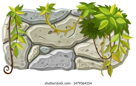 Stone board decoration liana branches and tropical leaves. Isolated vector cartoon square frame with space for text on white background.