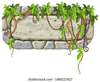 Stone board decoration liana branches and tropical leaves. Isolated vector cartoon square frame with space for text on white background.