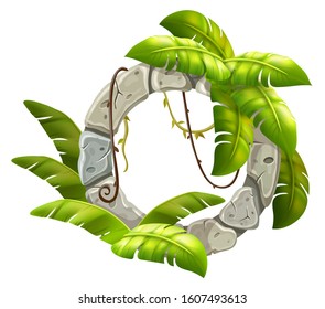 Stone board decoration liana branches and tropical leaves. Isolated vector cartoon circle frame with space for text on white background.