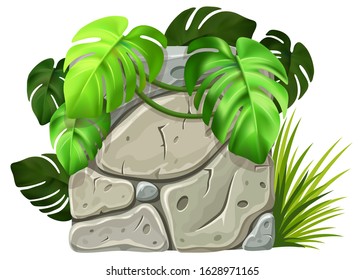 Stone board decoration liana branches and tropical leaves. Isolated vector cartoon square frame with space for text on white background.