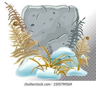 Stone board decoration snowdrifts, withered grass and fern. Isolated vector cartoon square frame with space for text on white background.