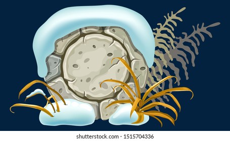 Stone board decoration snowdrifts, withered grass and fern. Isolated vector cartoon circle frame with space for text on dark background.