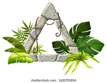 Stone board decoration tropical leaves and grass. Isolated vector cartoon triangle frame with space for text on white background.