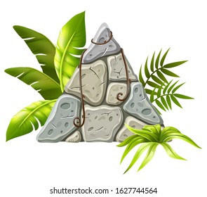 Stone board decoration tropical leaves and grass. Isolated vector cartoon triangle frame with space for text on white background.