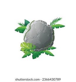 Stone board with dracaena leaves and liana. Rock round banner with cracked. Vector isolated cartoon circle shape frame, menu button with space for text. Great ring block boulder for interface ui game