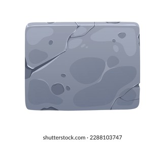 Stone board for game UI interface. Metal rectangle plate, panel element. Old rough cracked ragged texture of rectangular plaque for gui. Flat vector illustration isolated on white background