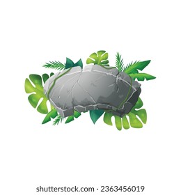 Stone board with leaves, dracaena. Rock banner with cracked. Vector isolated cartoon arc square frame with space for text. Great block boulder for interface game ui, element design for web and app