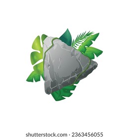 Stone board with leaves, dracaena. Vector isolated cartoon triangle shape frame with space for text. Rock banner with cracked. Great block boulder for interface ui game, element design for web and app