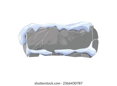 Stone board with snowdrift. Vector cartoon rectangle shape frame with space for text. Winter direction block for interface ui ux game, button element for web app. Frozen rock menu banner with cracked