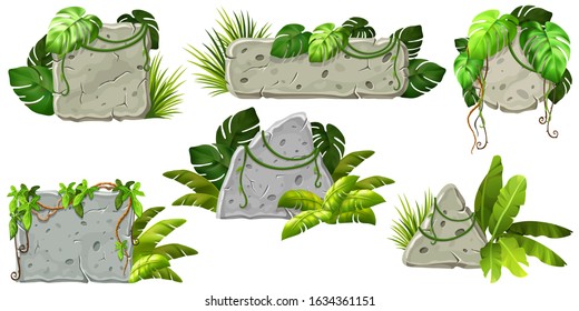 Stone boards decoration liana branches and tropical leaves. Set isolated cartoon vector circle and square frames with space for text on white background.