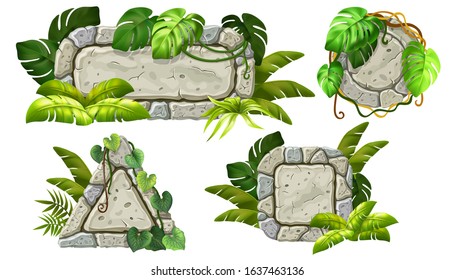 Stone boards decoration liana branches and tropical leaves. Set isolated cartoon vector circle and square frames with space for text on white background.