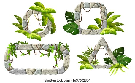 Stone boards decoration liana branches and tropical leaves. Set isolated cartoon vector circle and square frames with space for text on white background.