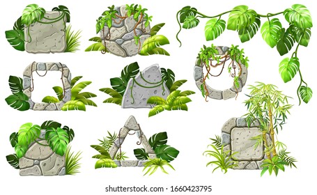 Stone boards decoration liana branches and tropical leaves. Set isolated cartoon vector circle, triangle and square frames with space for text on white background.