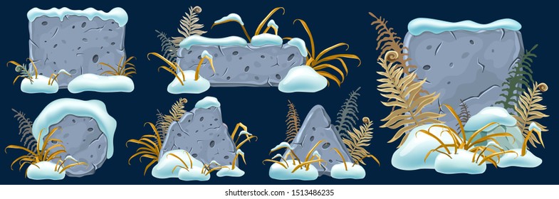 Stone boards decoration snowdrifts, withered grass and fern. Isolated vector cartoon frames with space for text on dark background.