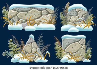 Stone boards decoration snowdrifts, withered grass and fern. Isolated vector cartoon frames with space for text on dark background.