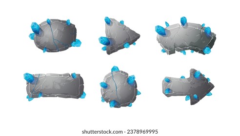 Paneles de piedra con cristales azules. flecha de dibujo vectorial, cuadrado de arco, triángulo, formas redondeadas. Marco de banner de rock con espacio de texto. Boulder de bloque para interfaz game ui, elementos de diseño para web y aplicación