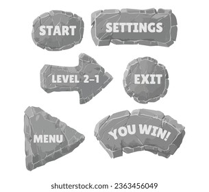 Stone boards set. Rock banner frame with menu, exit, start, settings text. Vector cartoon arrow, arc square, triangle, round shapes block boulder for interface game ui, elements design for web and app