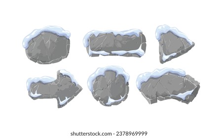 Stone boards with snow, vector illustrations isolated on white background. Set of different design elements. Gray color items various shapes, ancient historical art. A drawn flat sign plates.