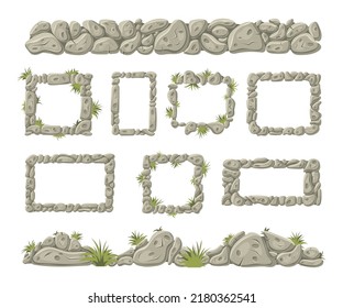 Stone borders and frames. Old broken rocks for computer games, concrete grass floor and mosaic road. UI fantasy mobile app. Big and small isolated objects. Vector cartoon design